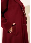 Bordo Premium Kruvaze Yaka Oversize Uzun Kaşe Kaban