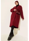 Bordo Premium Kruvaze Yaka Oversize Uzun Kaşe Kaban