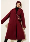 Bordo Premium Kruvaze Yaka Oversize Uzun Kaşe Kaban