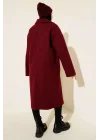 Bordo Premium Kruvaze Yaka Oversize Uzun Kaşe Kaban
