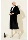 Siyah İncili Kaşe Kaban Kuşaklı Anvelop Uzun Palto