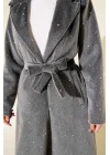 Gri İncili Kaşe Kaban Kuşaklı Anvelop Uzun Palto