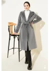 Gri İncili Kaşe Kaban Kuşaklı Anvelop Uzun Palto