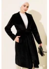 Siyah İncili Kaşe Kaban Kuşaklı Anvelop Uzun Palto
