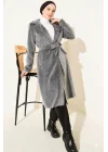 Gri İncili Kaşe Kaban Kuşaklı Anvelop Uzun Palto