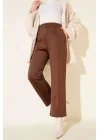 Kahverengi Çımalı Yüksek Bel Boru Paça Pantolon