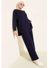 Lacivert Oversize Sweatshirt Ve Geniş Paça Pantolon Kombin Takım