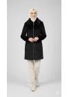 Siyah Kadın Kürk Yakalı Fermuarlı Kaşe Kaban