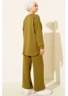 Yağ Yeşil Oversize Sweatshirt Ve Geniş Paça Pantolon Kombin Takım