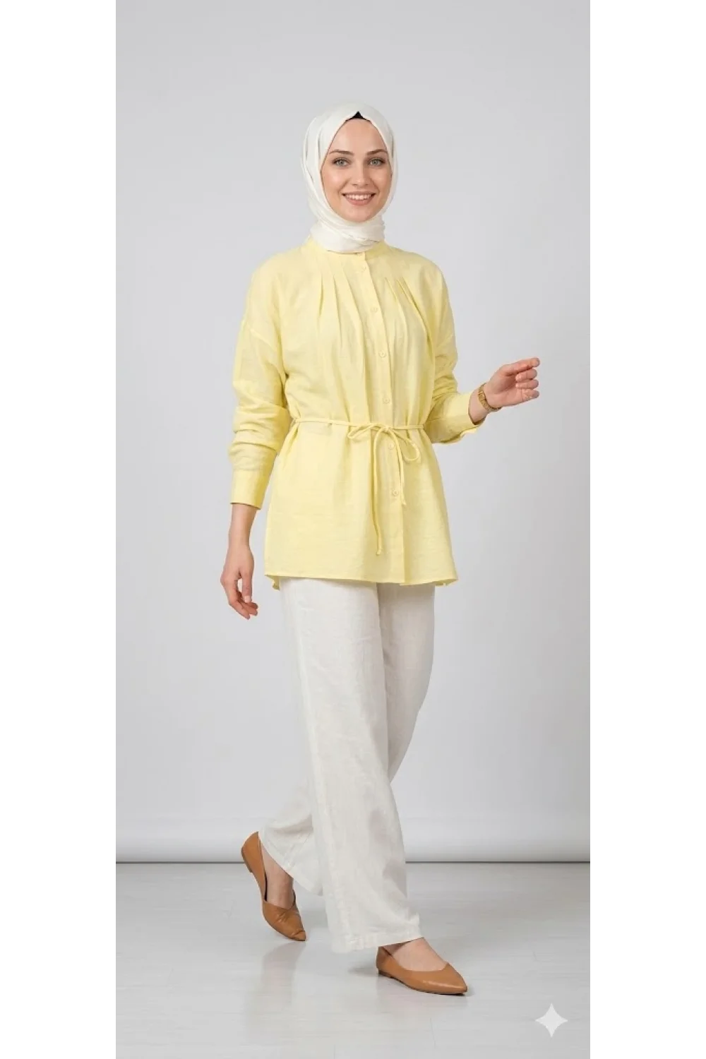 Yazgı Moda Kadın Limon Sarısı Hakim Yaka Kuşaklı Tesettür Gömlek