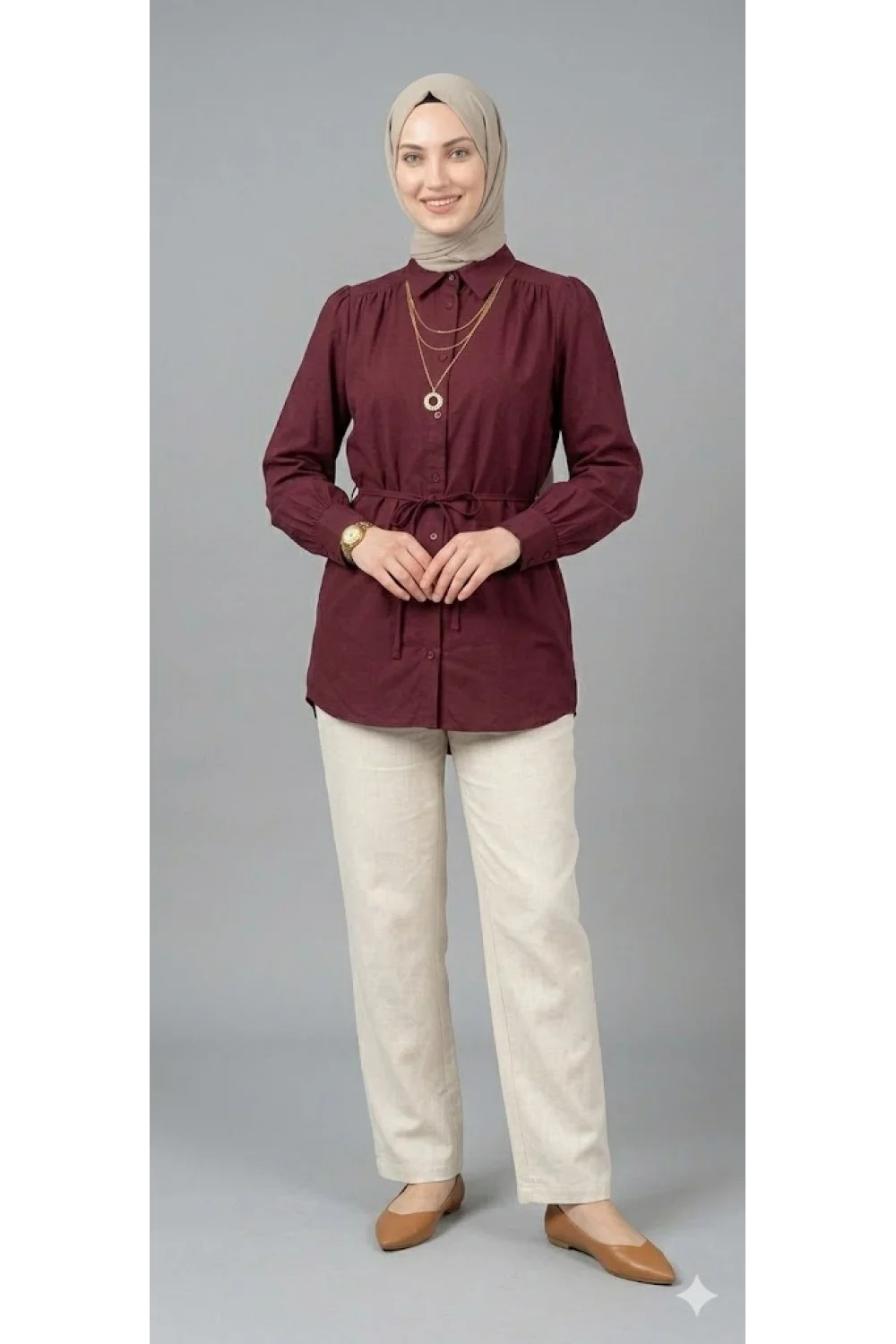 Kadın Bordo Belden Bağlamalı Düğmeli Tesettür Gömlek Tunik