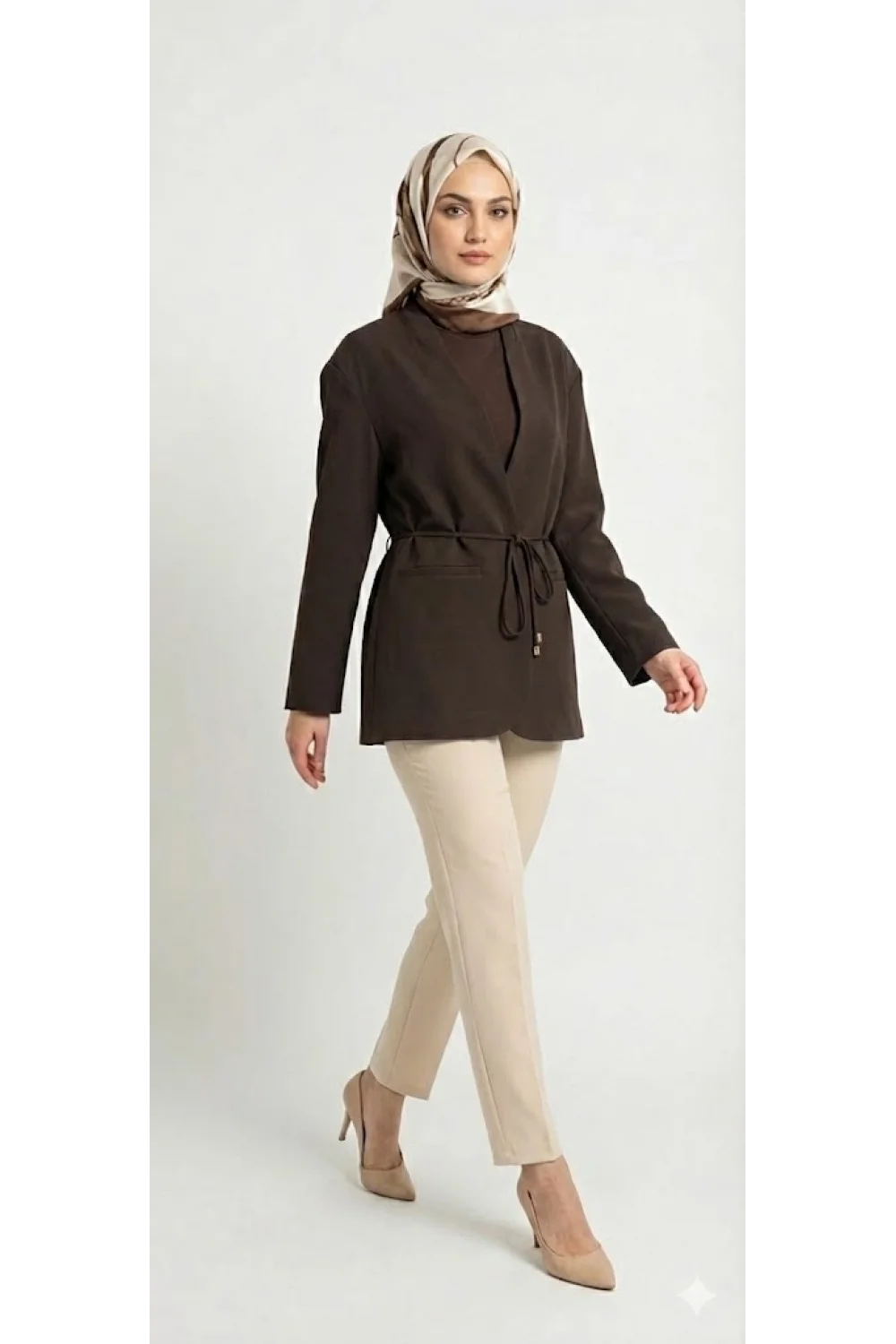 Yazgı Moda Kadın Koyu Kahve Beli Bağlamalı V Yaka Kruvaze Ceket