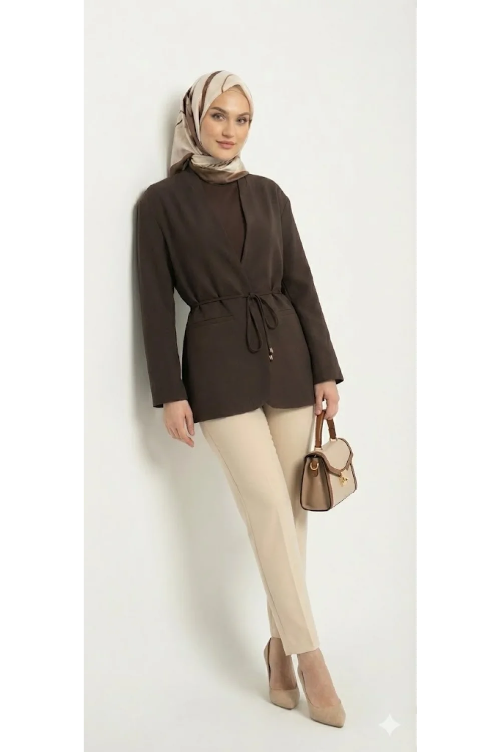 Yazgı Moda Kadın Koyu Kahve Beli Bağlamalı V Yaka Kruvaze Ceket
