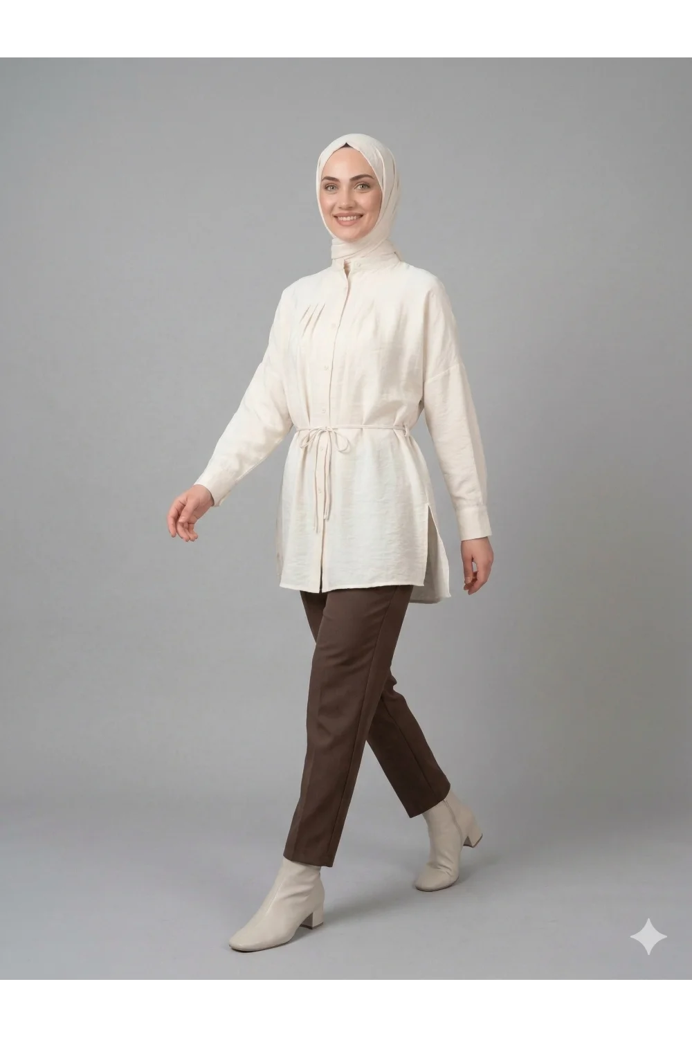 Yazgı Moda Kadın Ekru Hakim Yaka Kuşaklı Tesettür Gömlek