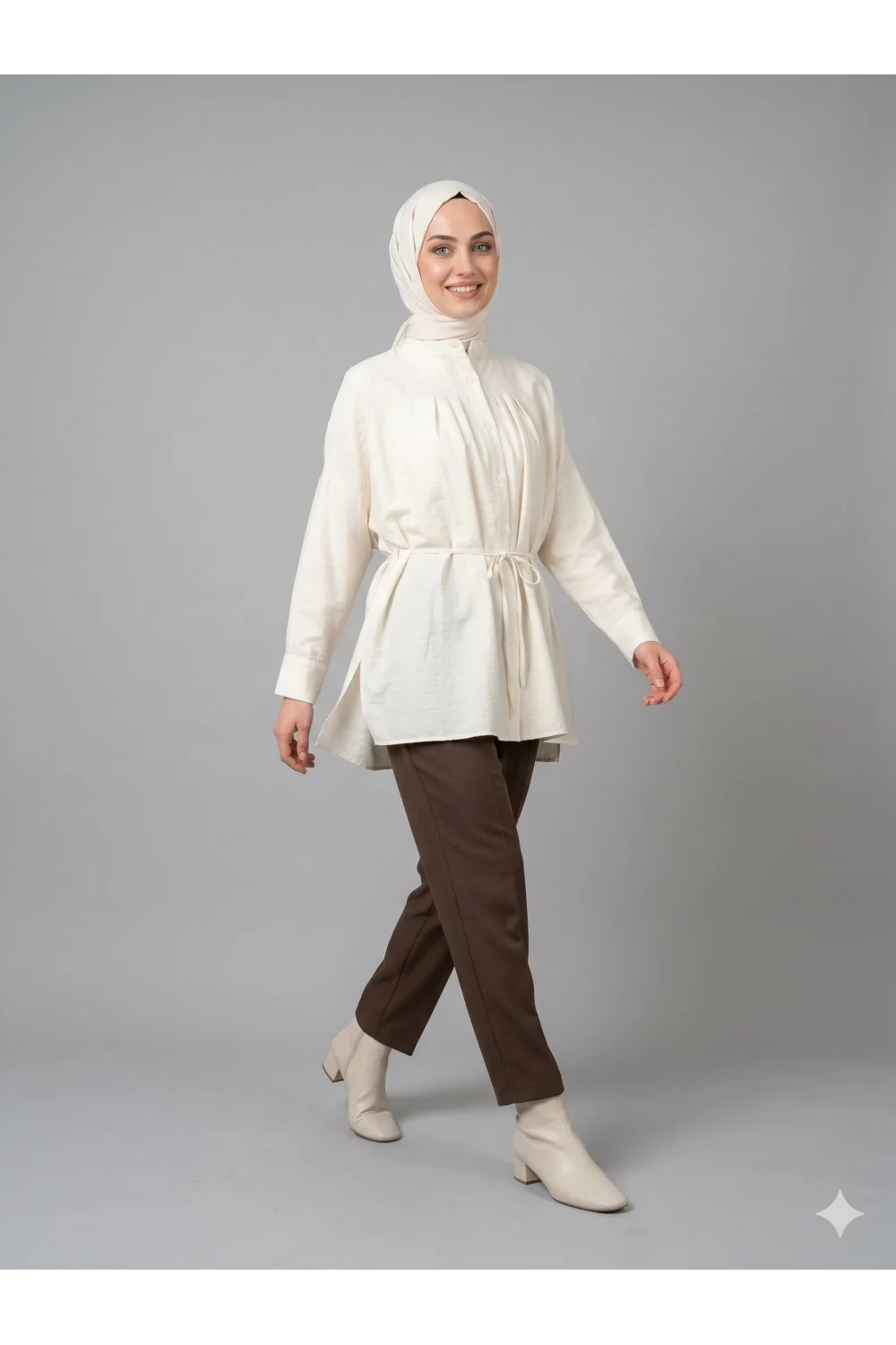 Yazgı Moda Kadın Ekru Hakim Yaka Kuşaklı Tesettür Gömlek