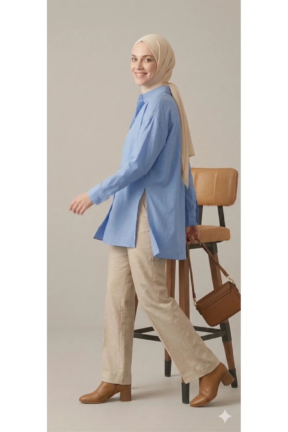 YAZGI MODA Kadın Mavi Çadır Kumaş Yanı Yırtmaçlı Uzun Gömlek Tunik