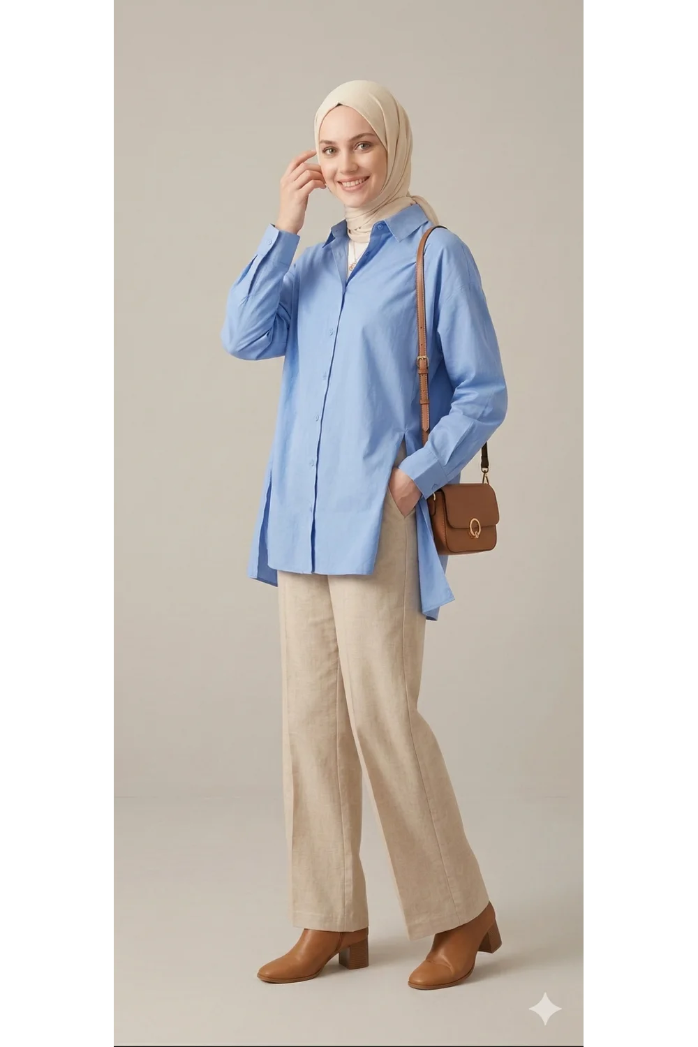 YAZGI MODA Kadın Mavi Çadır Kumaş Yanı Yırtmaçlı Uzun Gömlek Tunik