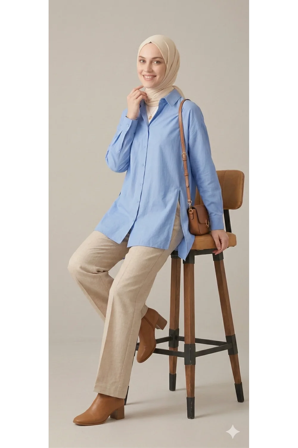 YAZGI MODA Kadın Mavi Çadır Kumaş Yanı Yırtmaçlı Uzun Gömlek Tunik