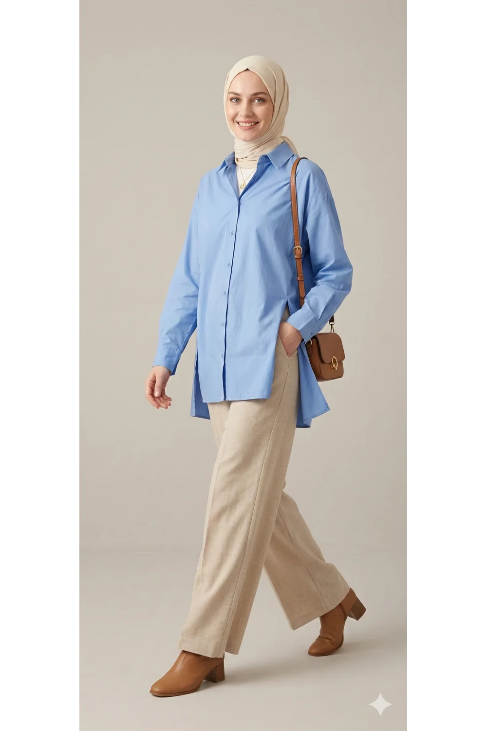 YAZGI MODA Kadın Mavi Çadır Kumaş Yanı Yırtmaçlı Uzun Gömlek Tunik