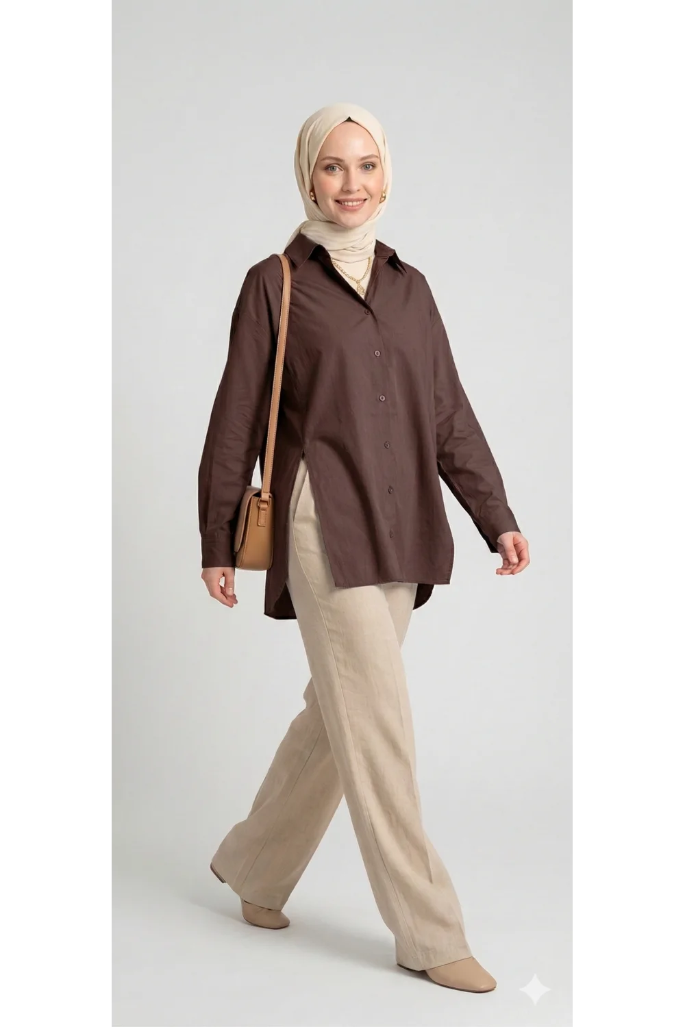 YAZGI MODA Kadın Kahve rengi Çadır Kumaş Yanı Yırtmaçlı Uzun Gömlek Tunik