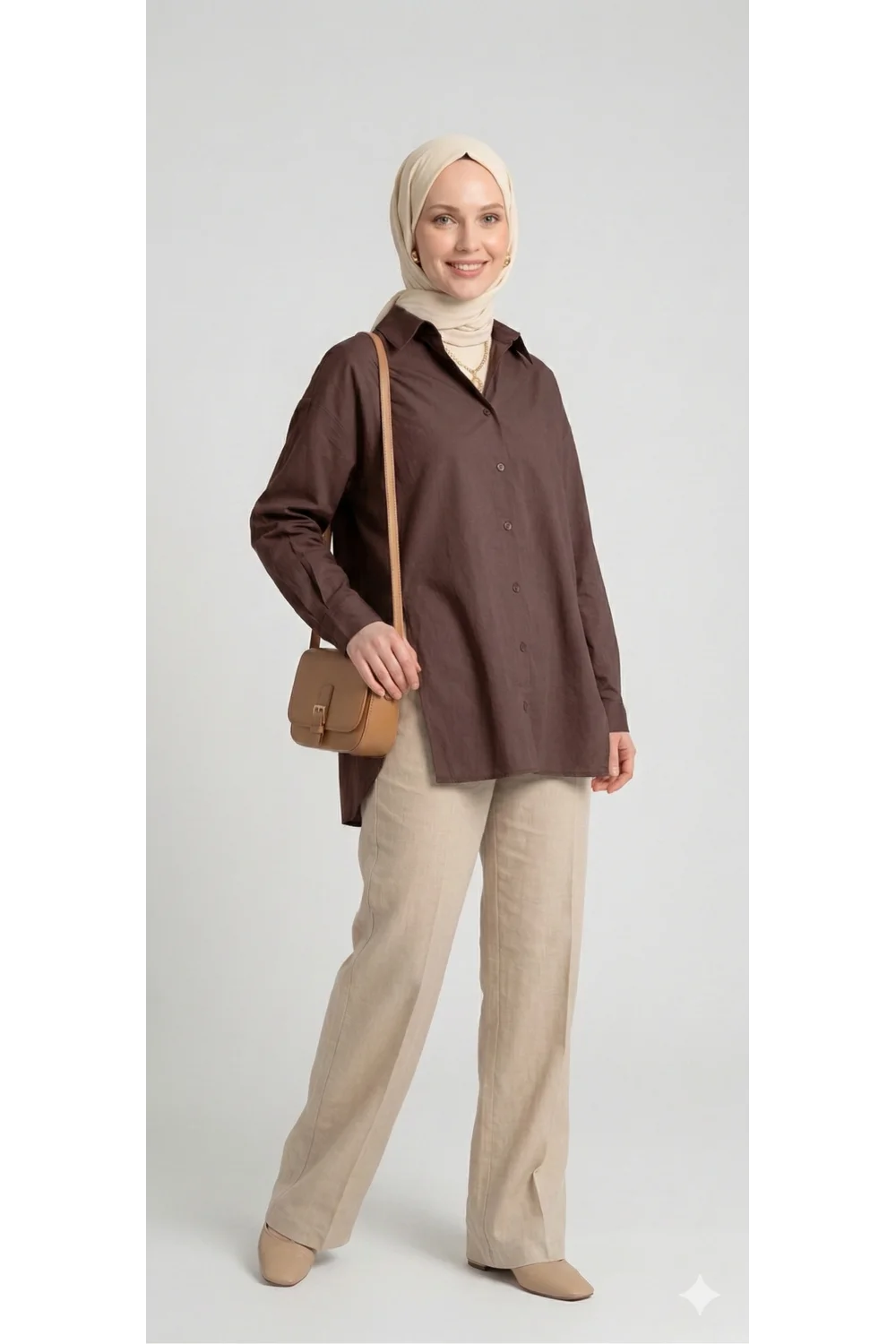 YAZGI MODA Kadın Kahve rengi Çadır Kumaş Yanı Yırtmaçlı Uzun Gömlek Tunik