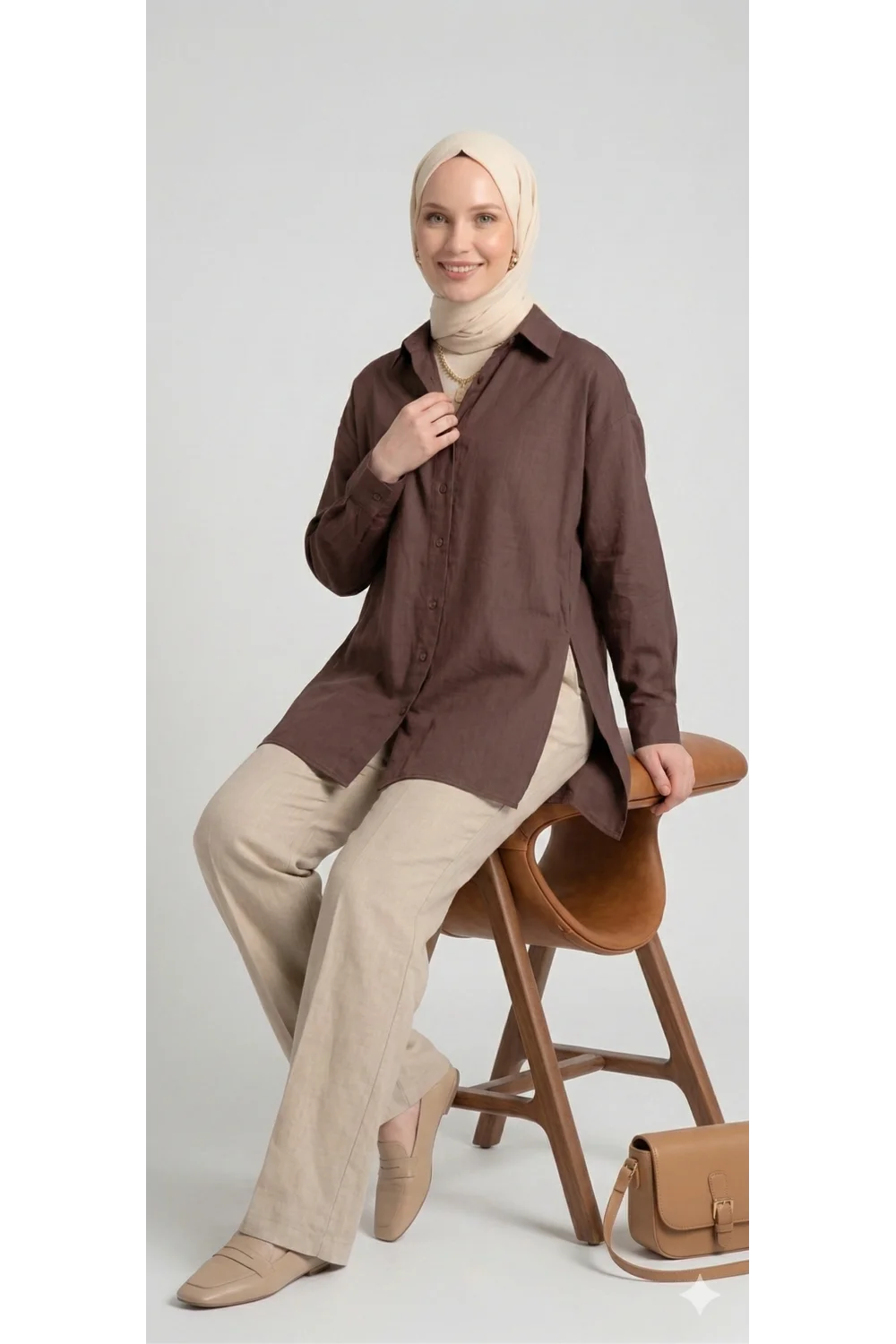 YAZGI MODA Kadın Kahve rengi Çadır Kumaş Yanı Yırtmaçlı Uzun Gömlek Tunik