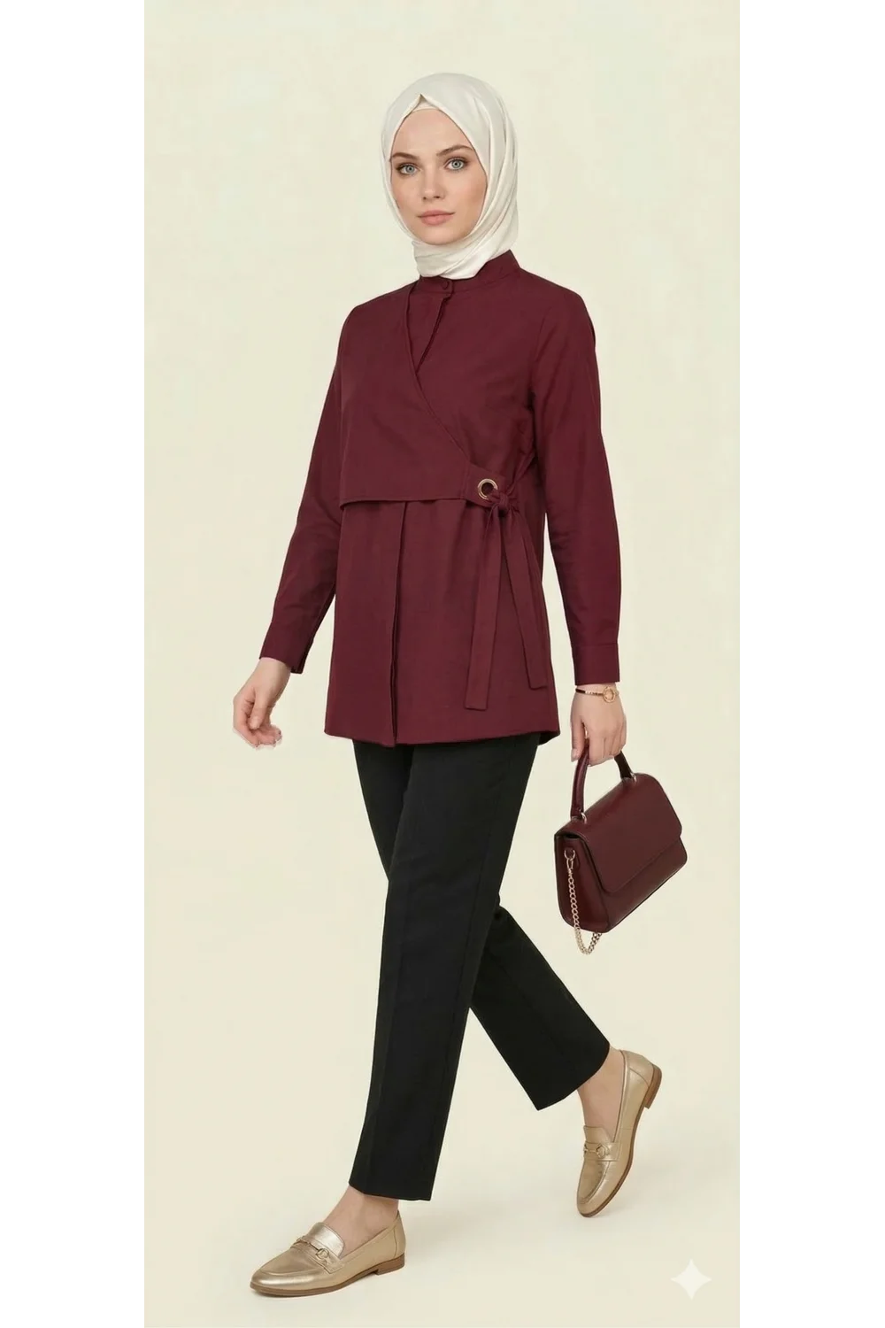 Yeni Sezon | Özel Tasarım Halka Detaylı Kruvaze Görünümlü Tunik - Bordo