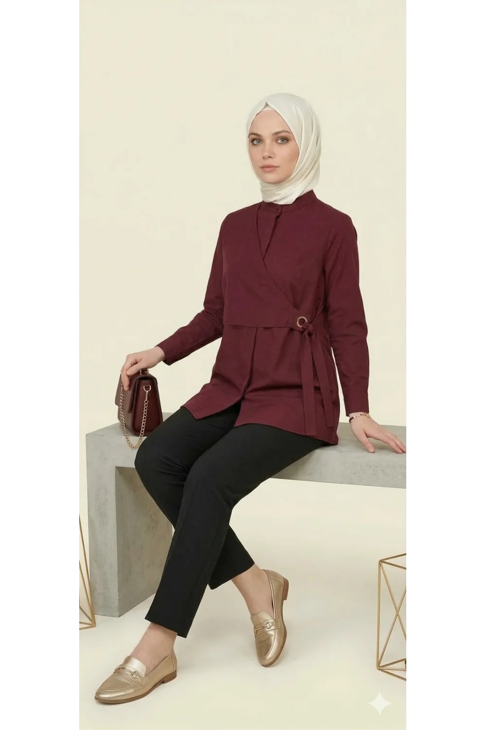 Yeni Sezon | Özel Tasarım Halka Detaylı Kruvaze Görünümlü Tunik - Bordo