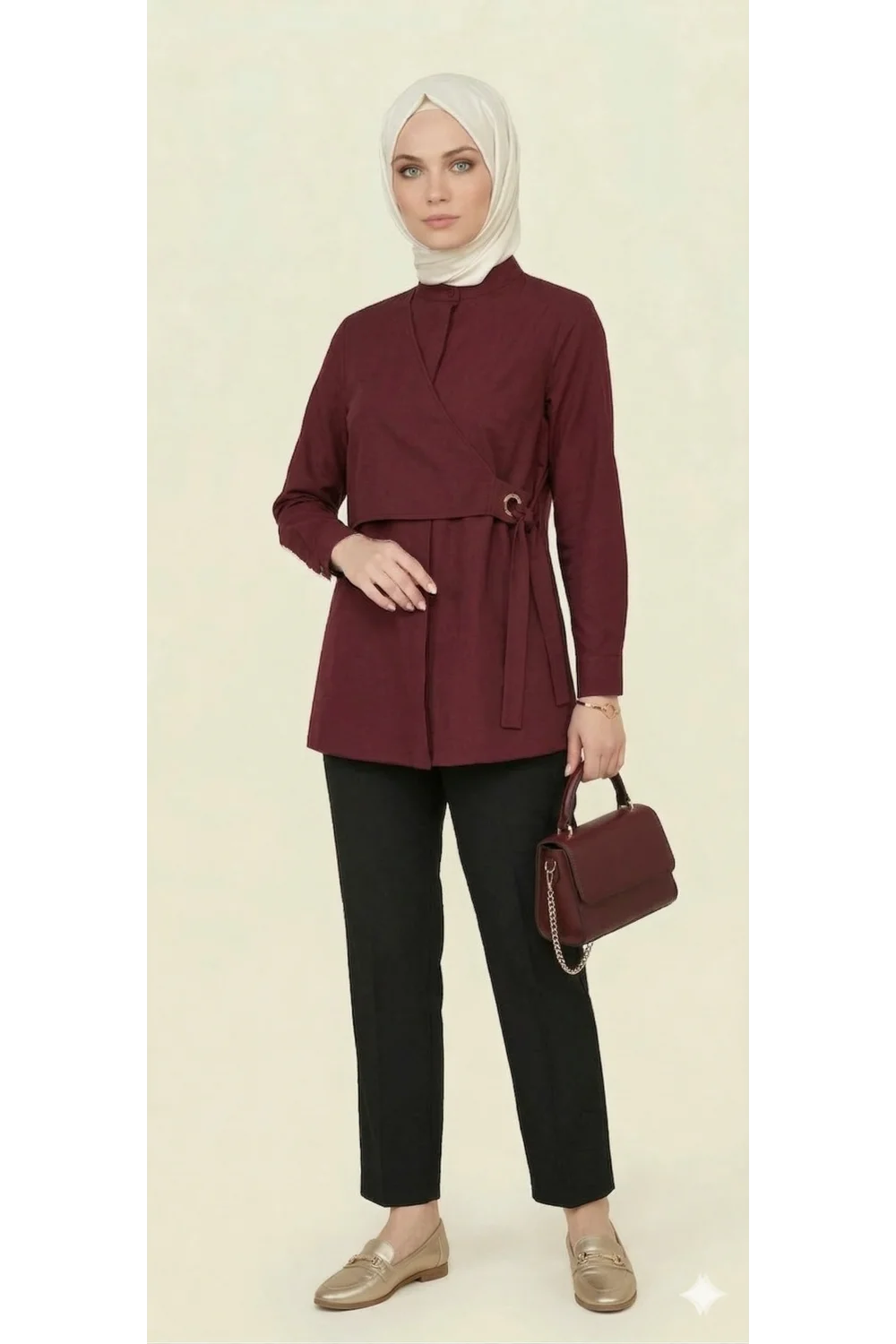Yeni Sezon | Özel Tasarım Halka Detaylı Kruvaze Görünümlü Tunik - Bordo