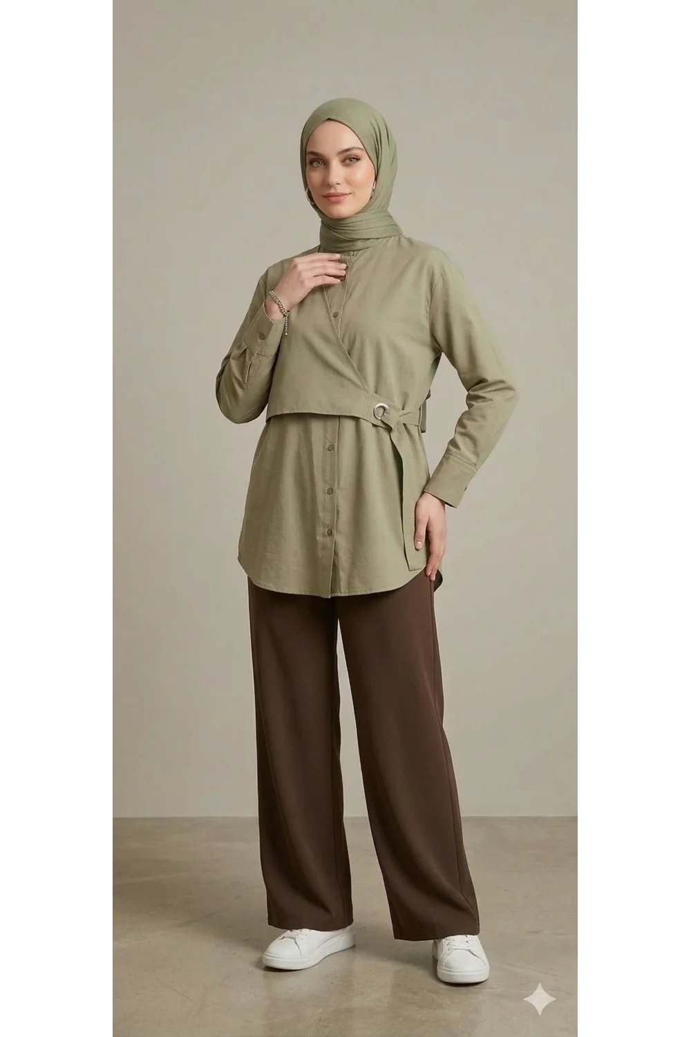Yeni Sezon | Özel Tasarım Halka Detaylı Kruvaze Görünümlü Tunik - Çağla Yeşil