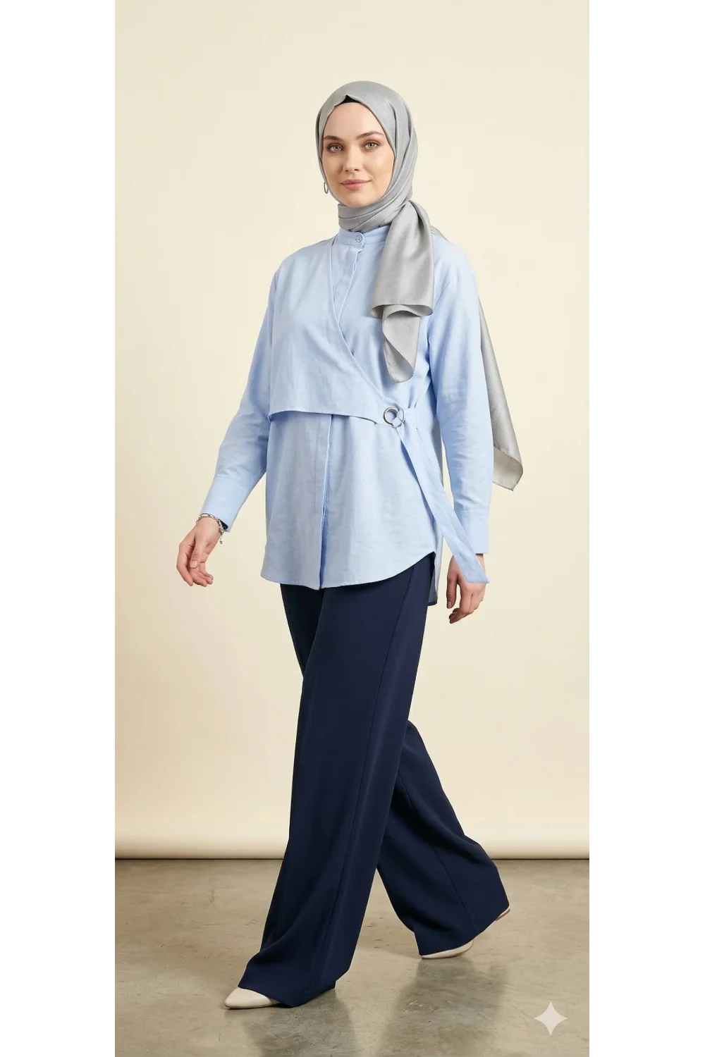 Yeni Sezon | Özel Tasarım Halka Detaylı Kruvaze Görünümlü Tunik - Mavi