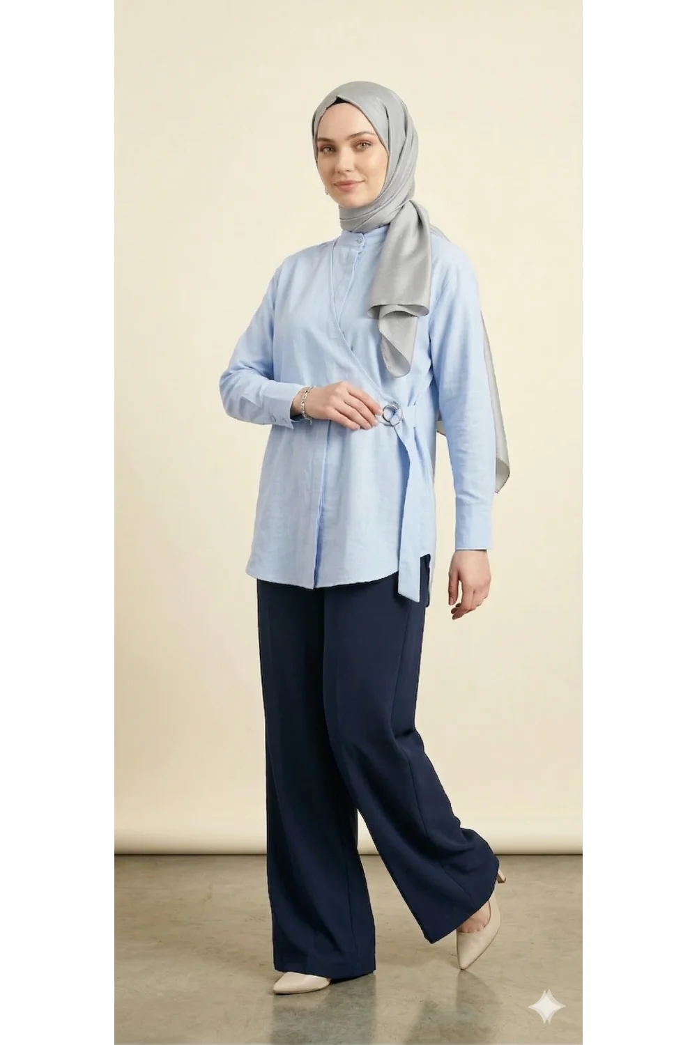 Yeni Sezon | Özel Tasarım Halka Detaylı Kruvaze Görünümlü Tunik - Mavi