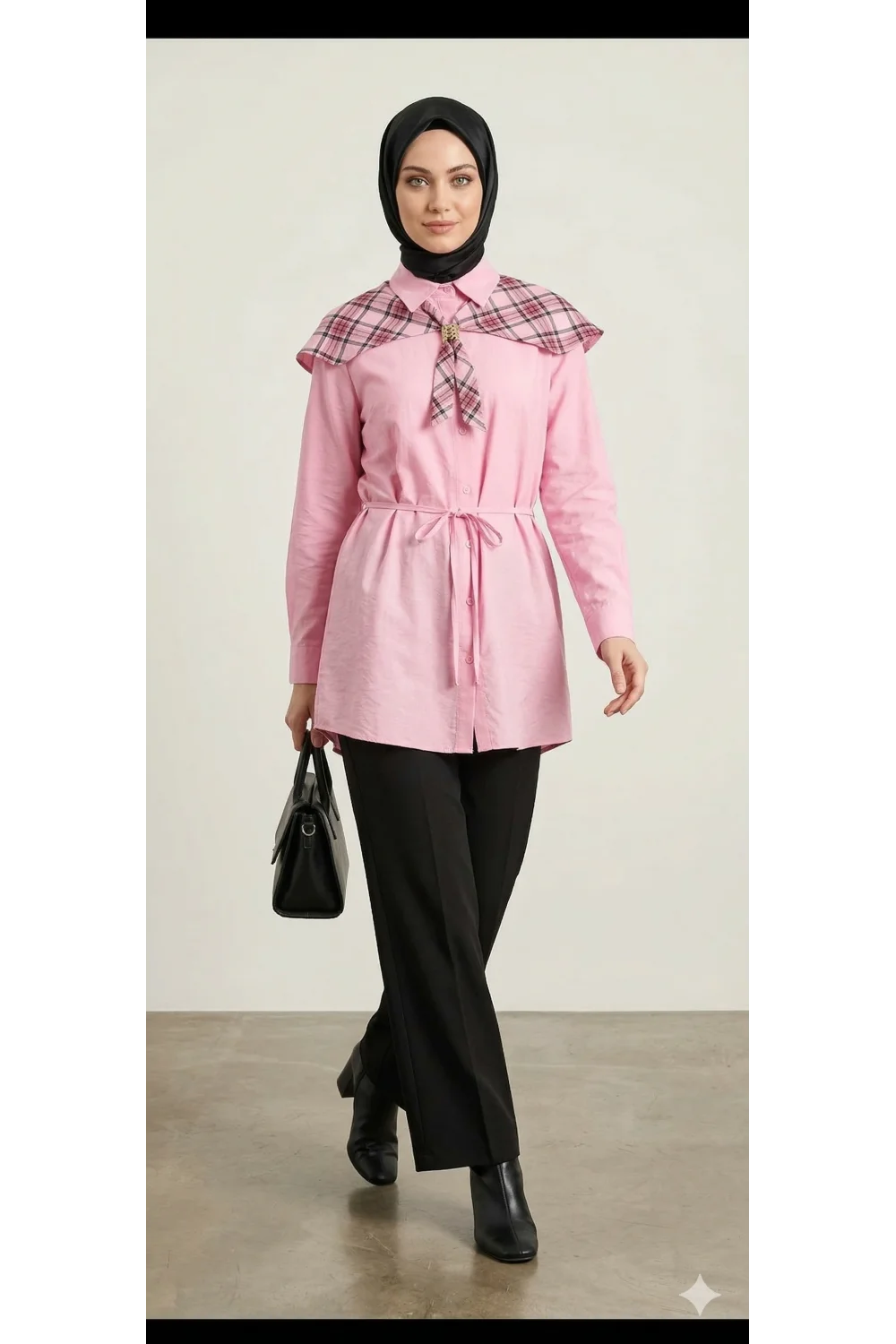 Ekose Pelerin Yaka Detaylı Kuşaklı Pembe Tunik Gömlek