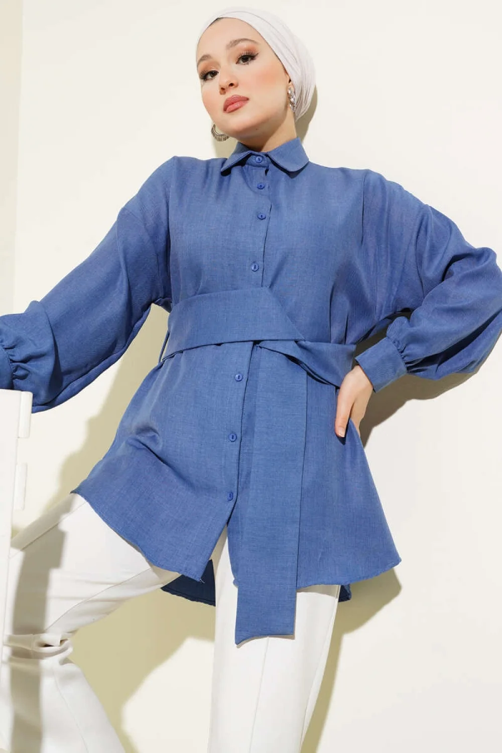 Kendinden Geniş Kuşaklı Gömlek İndigo