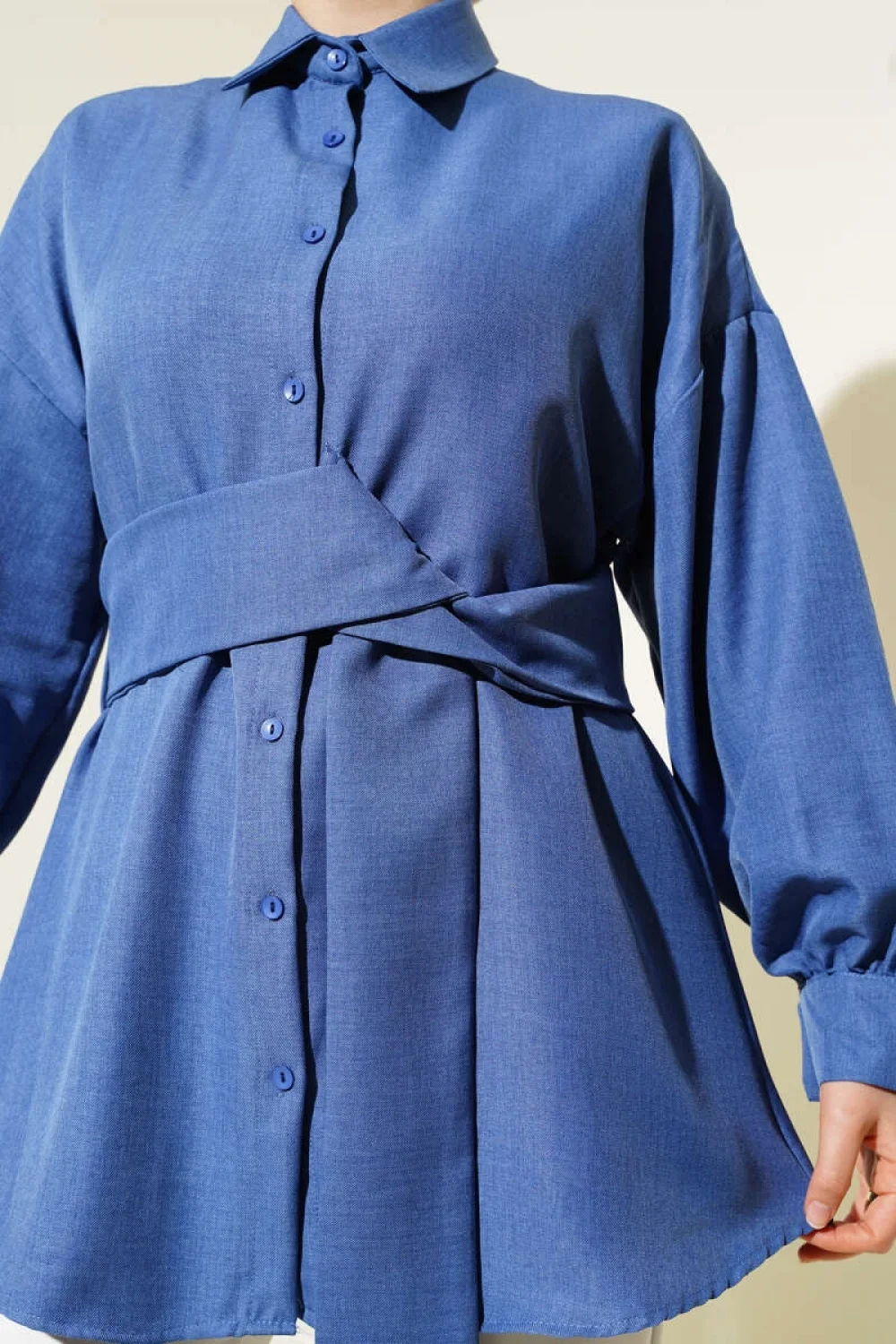 Kendinden Geniş Kuşaklı Gömlek İndigo