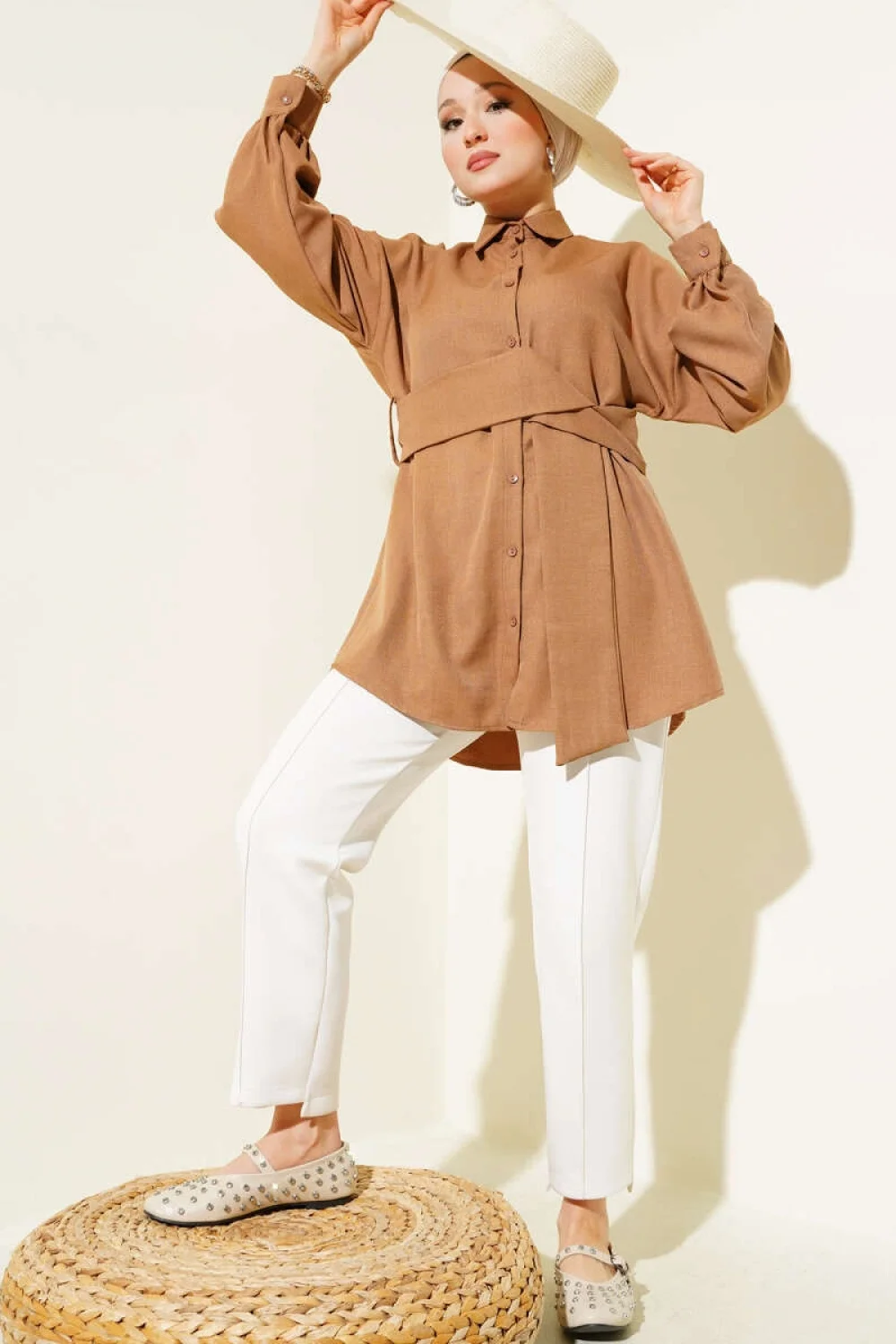 Kendinden Geniş Kuşaklı Gömlek Kahve