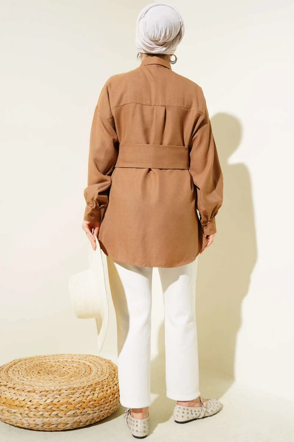 Kendinden Geniş Kuşaklı Gömlek Kahve
