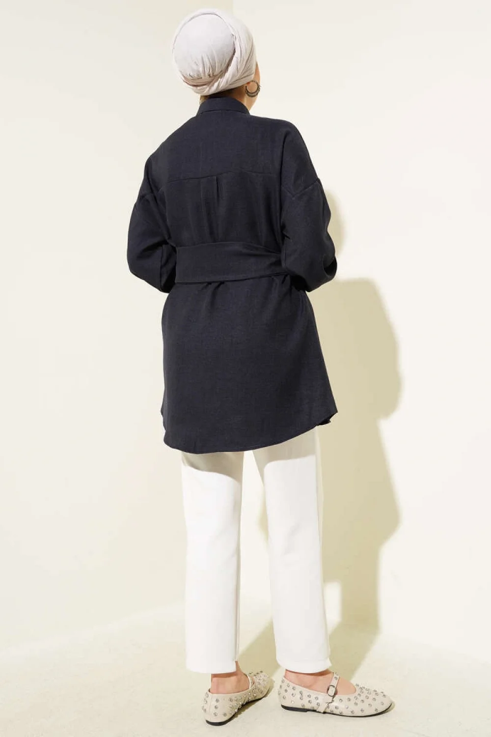 Kendinden Geniş Kuşaklı Gömlek Lacivert