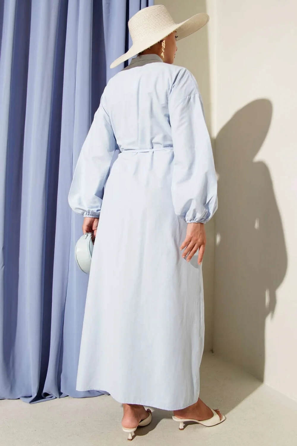 Önü Nervürlü İp Kuşaklı Elbise Bebe Mavisi