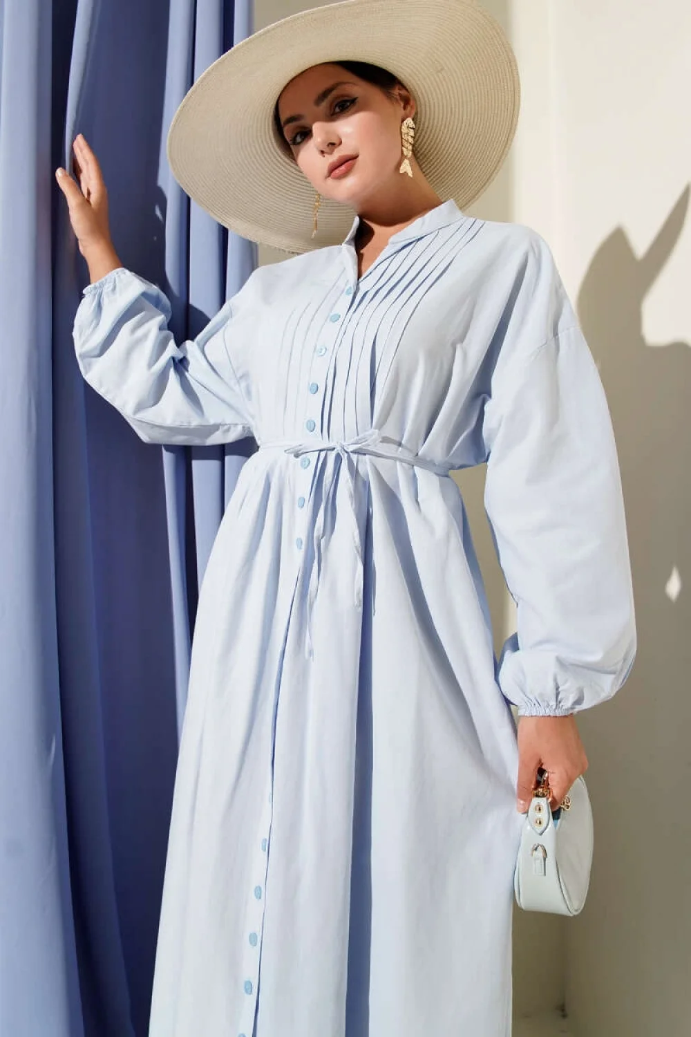 Önü Nervürlü İp Kuşaklı Elbise Bebe Mavisi