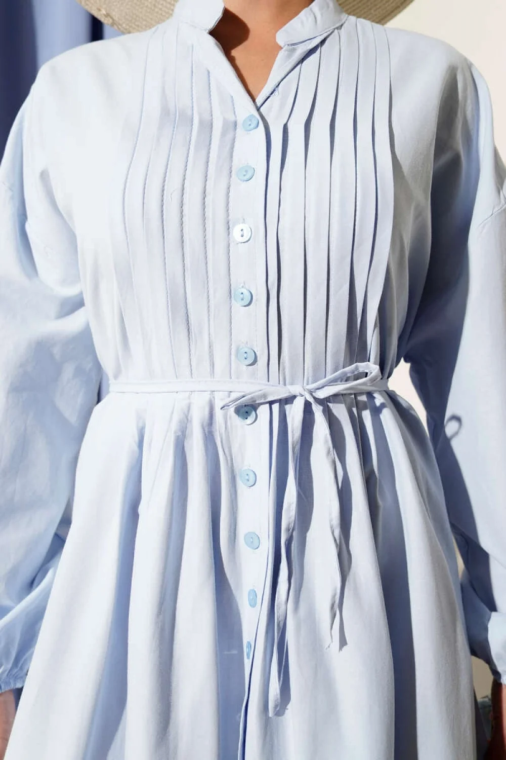 Önü Nervürlü İp Kuşaklı Elbise Bebe Mavisi