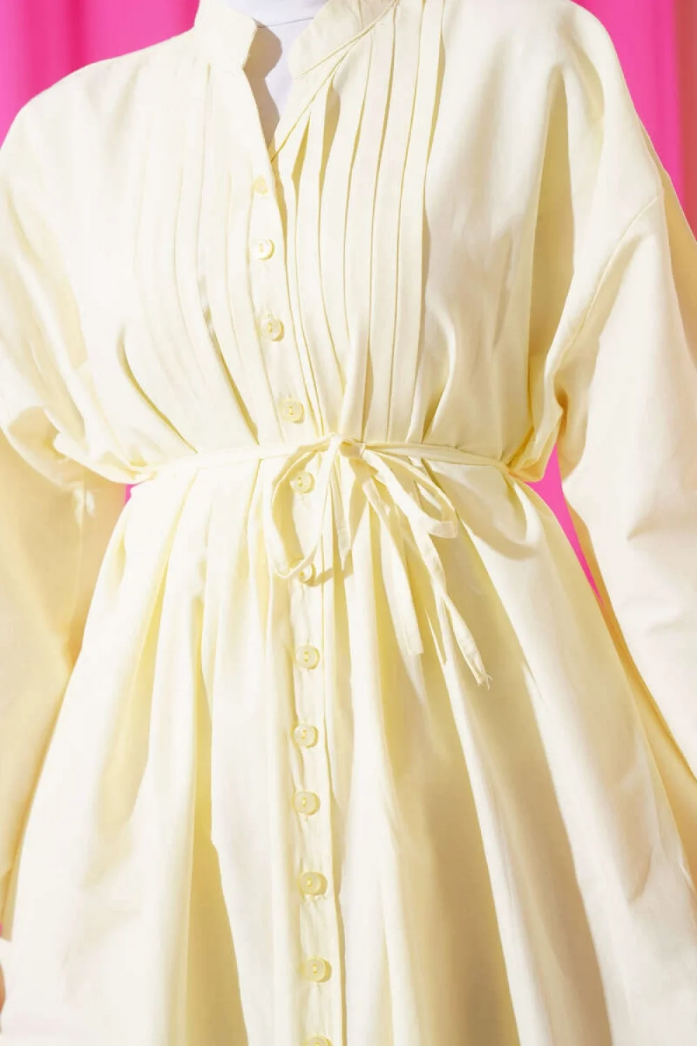 Önü Nervürlü İp Kuşaklı Elbise Lime