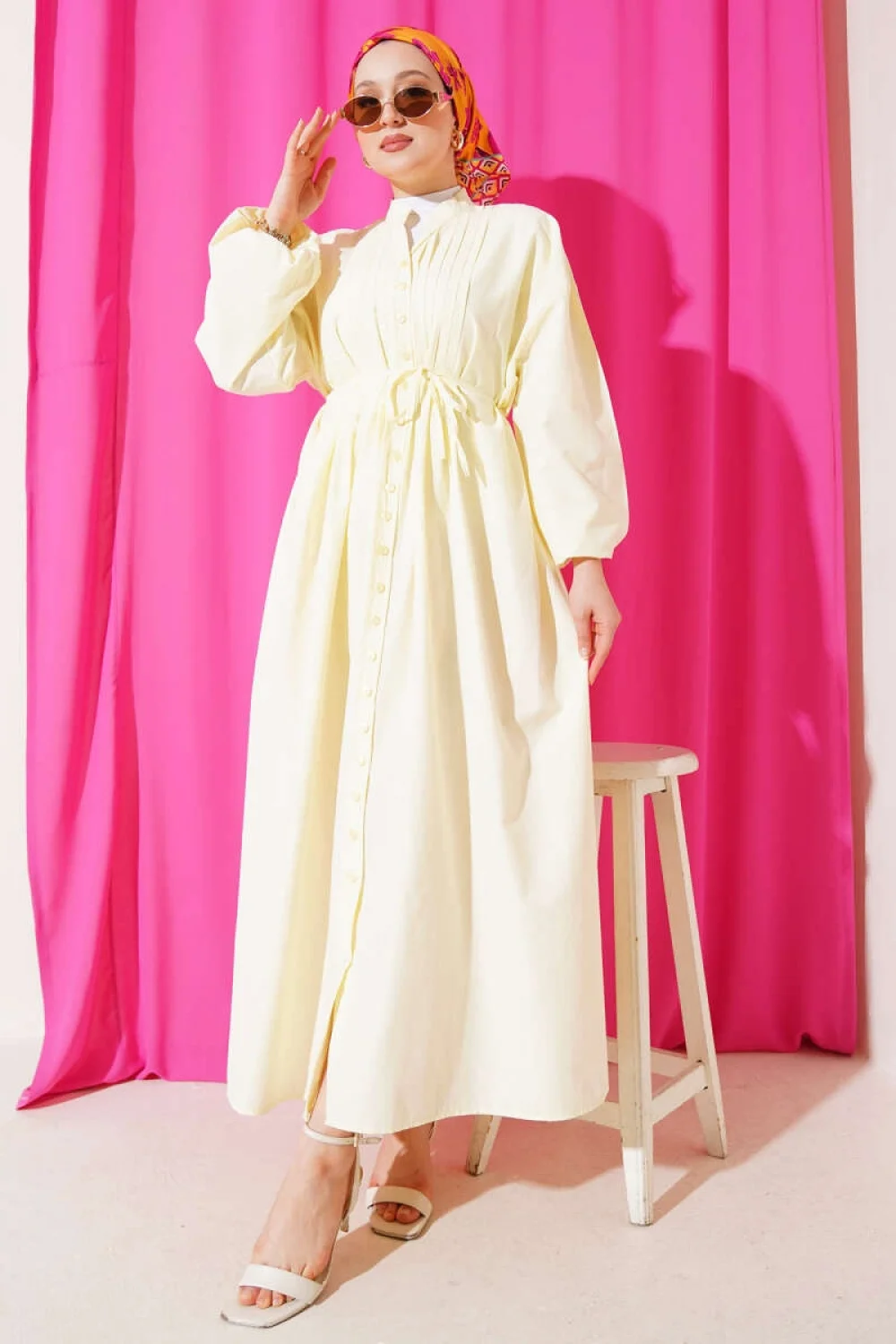 Önü Nervürlü İp Kuşaklı Elbise Lime