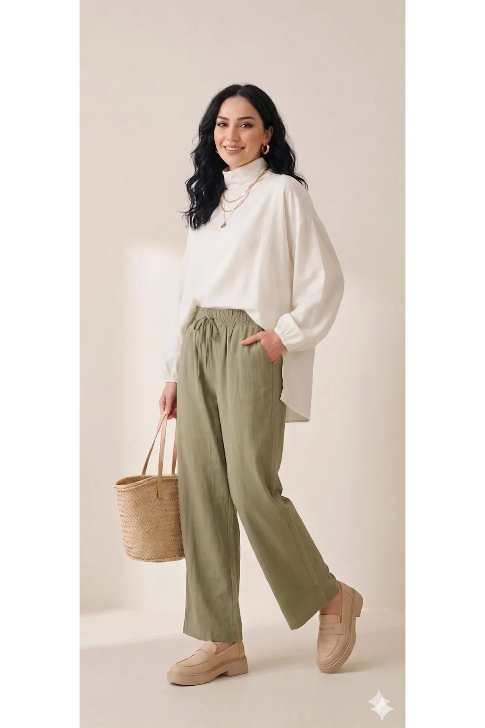 Yazgı Moda Kadın Haki Beli Lastikli Rahat Kalıp Keten Pantolon