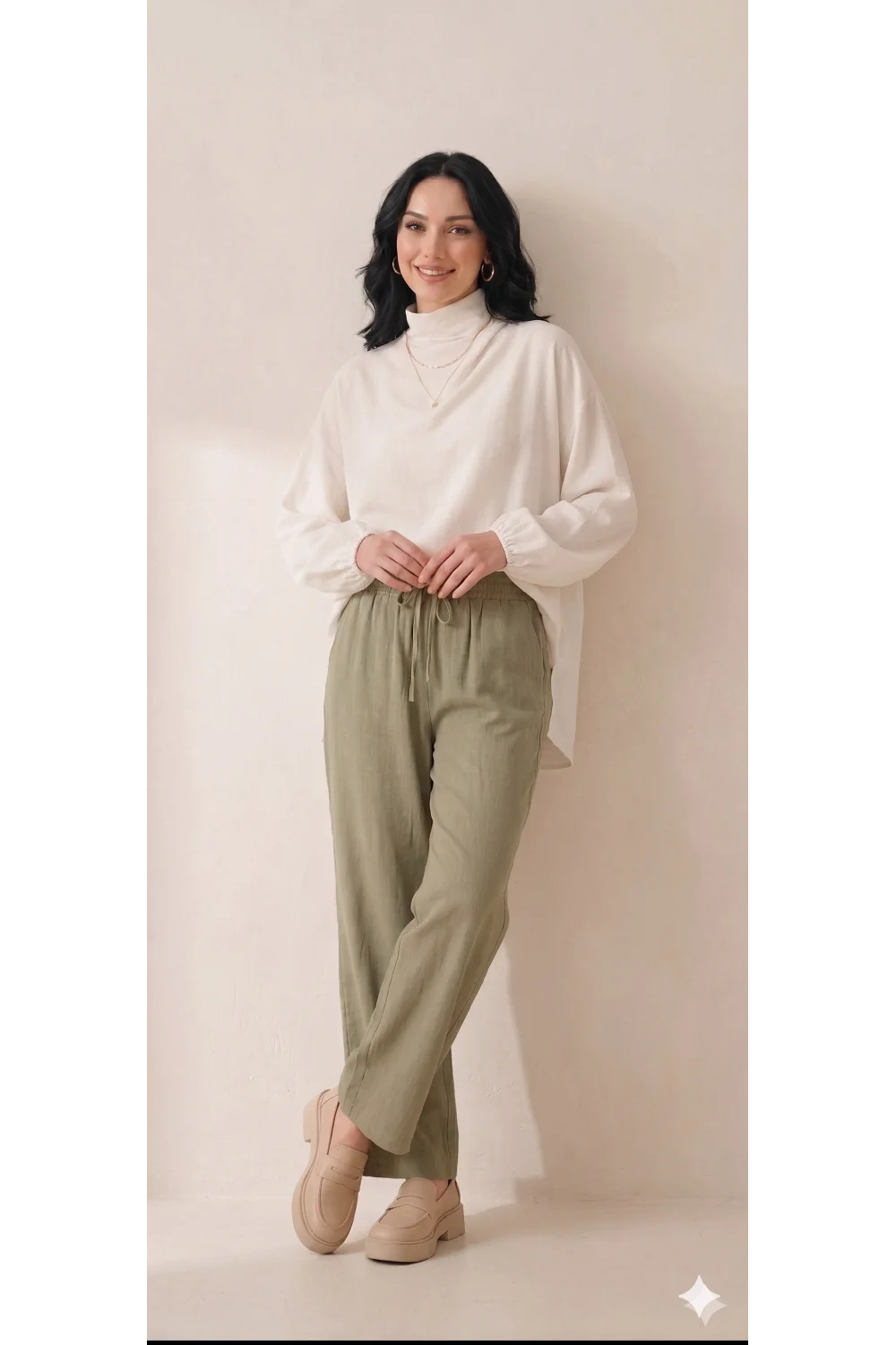 Yazgı Moda Kadın Haki Beli Lastikli Rahat Kalıp Keten Pantolon