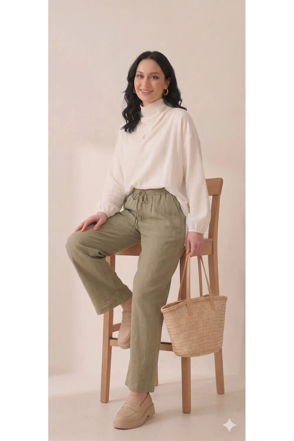 Yazgı Moda Kadın Haki Beli Lastikli Rahat Kalıp Keten Pantolon