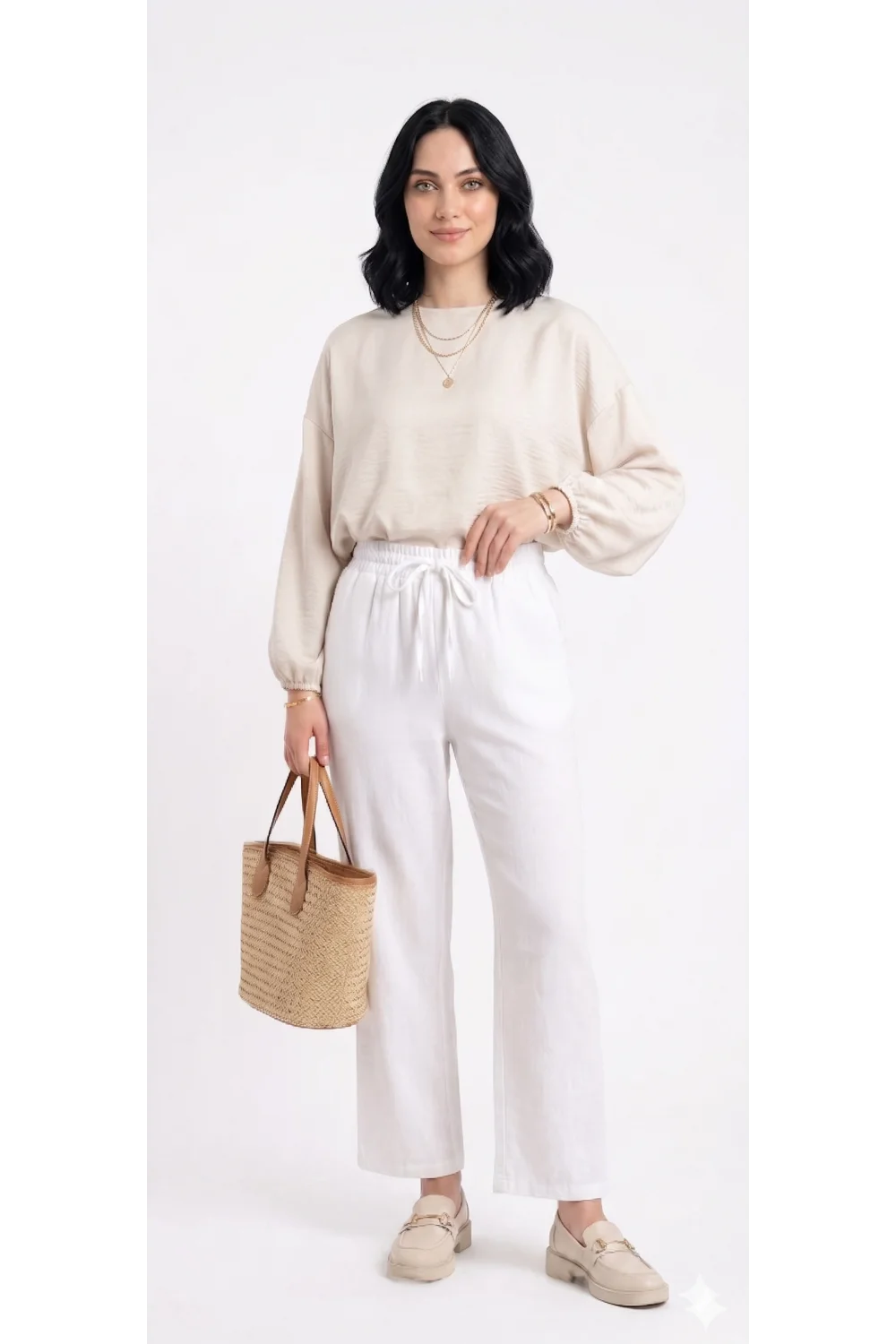 Yazgı Moda Kadın Beyaz Beli Lastikli Rahat Kalıp Keten Pantolon