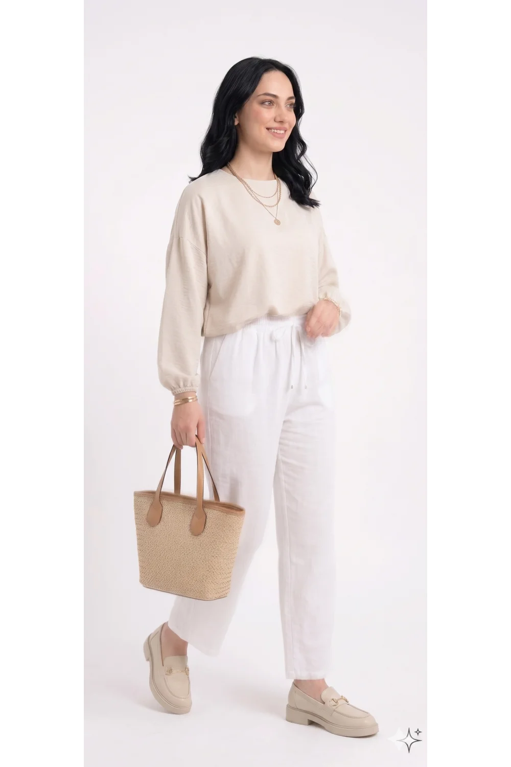 Yazgı Moda Kadın Beyaz Beli Lastikli Rahat Kalıp Keten Pantolon