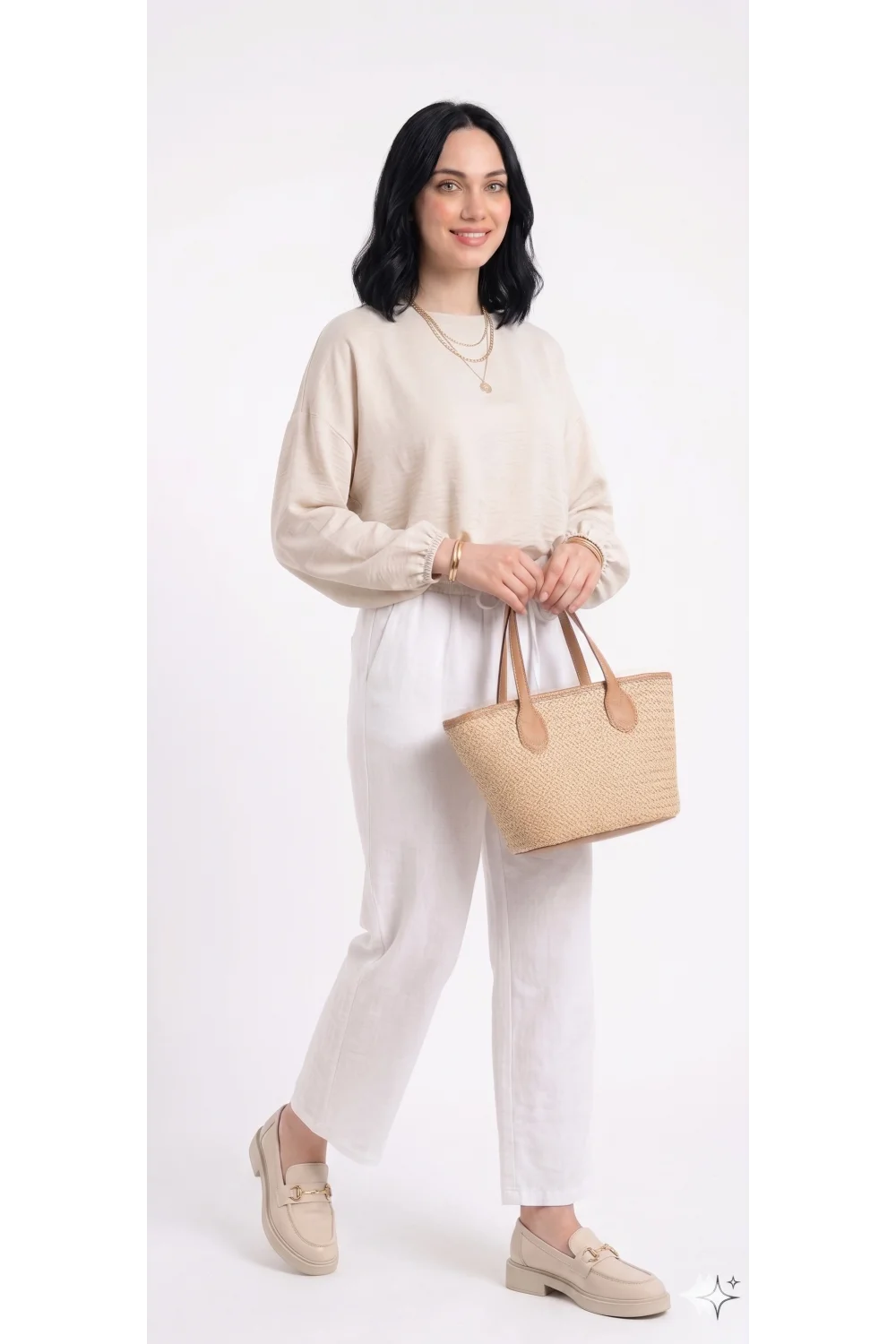 Yazgı Moda Kadın Beyaz Beli Lastikli Rahat Kalıp Keten Pantolon