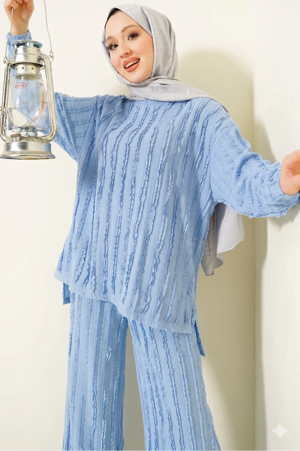 Şerit Fırfırlı Tunik İkili Takım Bebe Mavisi